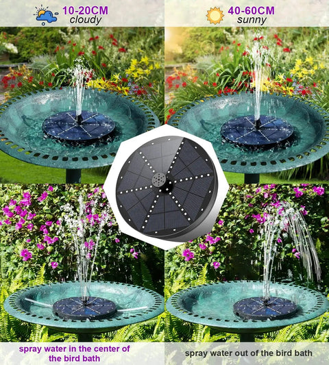 Upgraded Solar Fountain For Garden Pond And Bird Bath With 60 LED RGB Lights 7 Nozzles And 4 Fixers Built In 4000mAh Battery Ideal Outdoor Water Feature For Yard Pool, shown installed in bird bath with water jets.