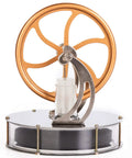 Low Temperature Stirling Engine Model Kit For Hands On Mechanical Skills And STEM Education Educational Toy Demonstrator Showcasing Heat To Power With Glass Cylinder featuring brass flywheel and stainless steel base.