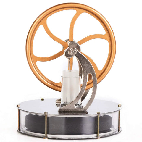 Low Temperature Stirling Engine Model Kit For Hands On Mechanical Skills And STEM Education Educational Toy Demonstrator Showcasing Heat To Power With Glass Cylinder featuring brass flywheel and stainless steel base.
