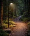 14 Ft Beefy Modular Ground Mount Pole Kit with Drive In Install in wooded path lighting up surroundings.