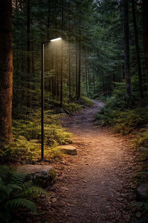 14 Ft Beefy Modular Ground Mount Pole Kit with Drive In Install in wooded path lighting up surroundings.