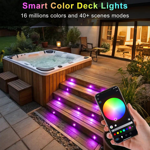 Smart WiFi RGB Deck Lights Kit 30 Pack For Outdoor Patio And Steps illuminating stairs with pink lights controlled by smartphone app.