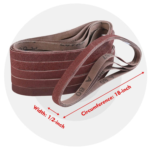 24 Pack Half Inch By Eighteen Inch Aluminum Oxide Sanding Belts For Belt Sanders, assorted grits, displayed in stacked view