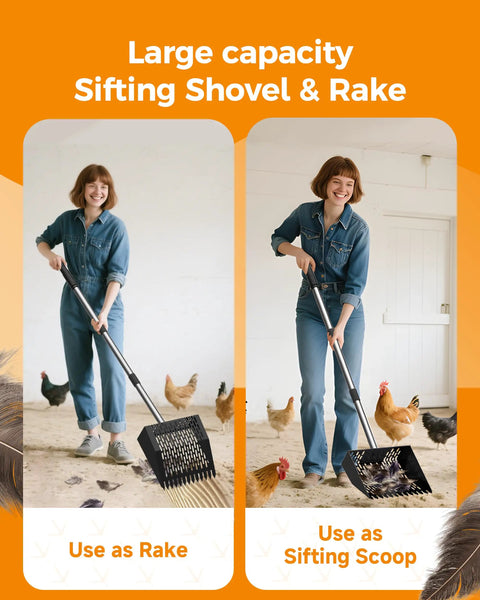 Woman using Two In One Chicken Poop Scooper And Rake For Coop Cleanup, Adjustable From Thirty Five To Sixty Two Inches