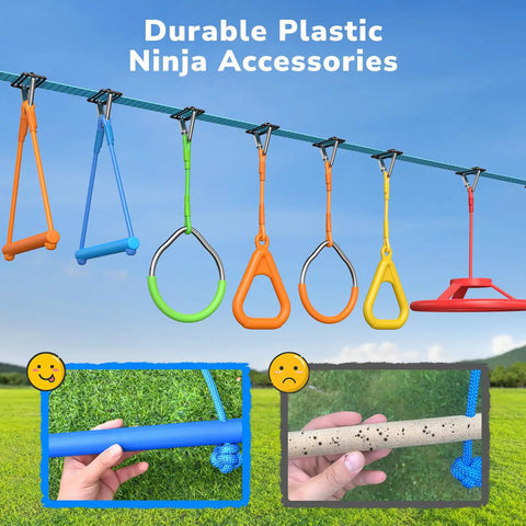 50 Ft Ninja Warrior Obstacle Course Swing Set With Slackline And Saucer Swing For Backyard Epic Playtime Weatherproof Outdoor Kids Playground With Monkey Bars And Jungle Gym showing durable plastic ninja accessories and slackline