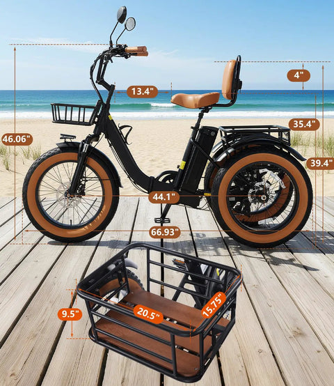 Electric Tricycle For Adults Foldable 3 Wheel With 1350W Peak Motor And 48V 15.6Ah Removable Battery on boardwalk