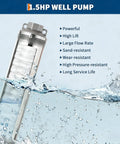 Heavy Duty 4 Inch Stainless Deep Well Submersible Pump 1.5HP 230V 60Hz, 27GPM Flow, 259 ft Head, IP68 Waterproof with Powerful Features