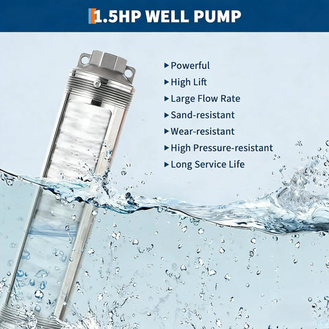 Heavy Duty 4 Inch Stainless Deep Well Submersible Pump 1.5HP 230V 60Hz, 27GPM Flow, 259 ft Head, IP68 Waterproof with Powerful Features