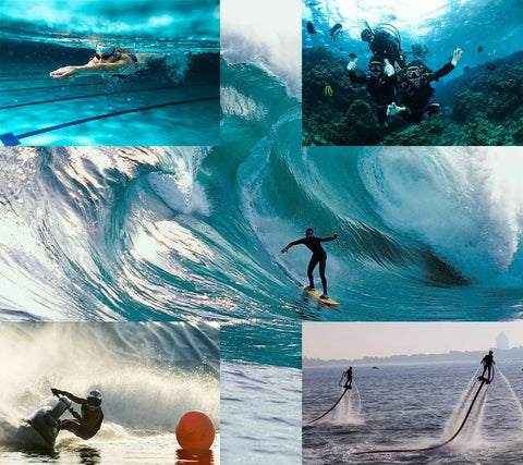 Collage of water activities showcasing surfing, scuba diving, snorkeling, wakeboarding, and flyboarding in a dynamic ocean setting.