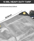 Close-up of Heavy Duty Waterproof Tarp 10 By 10 Feet 16 Mil Multipurpose Shelter Cover with metal grommets and measurement details