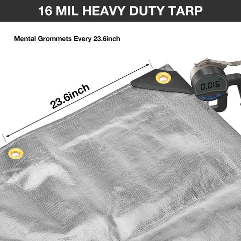 Close-up of Heavy Duty Waterproof Tarp 10 By 10 Feet 16 Mil Multipurpose Shelter Cover with metal grommets and measurement details
