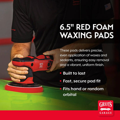 Person holding polisher with Red 6.5 Inch Foam Waxing Pads For Car Detailing And Buffing Even Streak Free Application