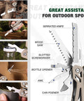 22-In-1 Stainless Steel Multitool with pliers, screwdriver sleeve, desert steel handle, knife, saw, opener, and sheath details.
