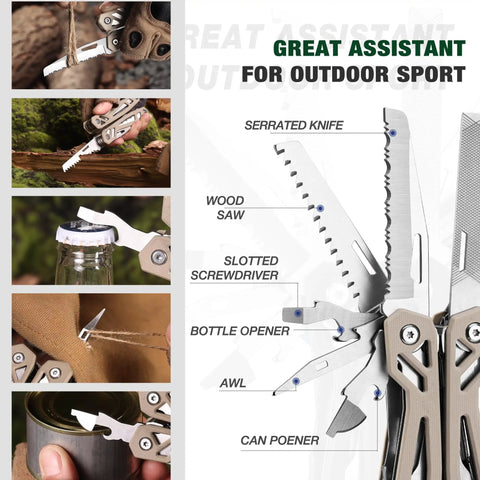 22-In-1 Stainless Steel Multitool with pliers, screwdriver sleeve, desert steel handle, knife, saw, opener, and sheath details.