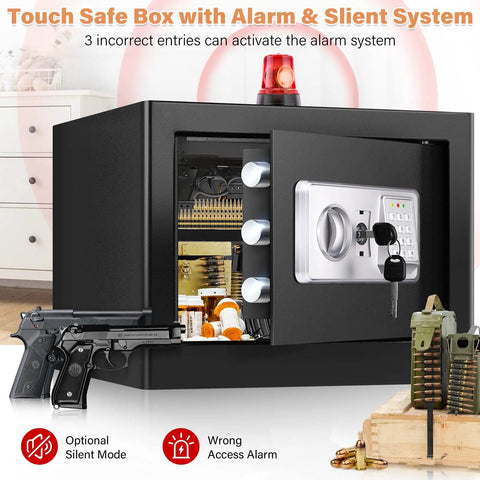 Open 1.2 Cubic Personal Home Safe Box Fireproof And Waterproof With Removable Shelf, showing digital lock and contents.