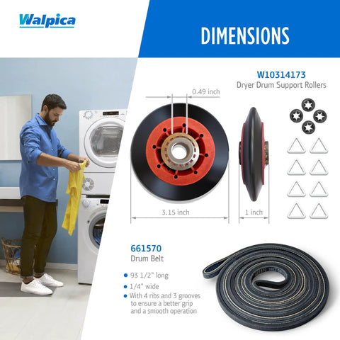 Dimensions of Dryer Repair Kit With Belt And Idler Pulley 4392067 W10837240 parts for Cabrio Duet Maytag Kenmore, DIY Ready.