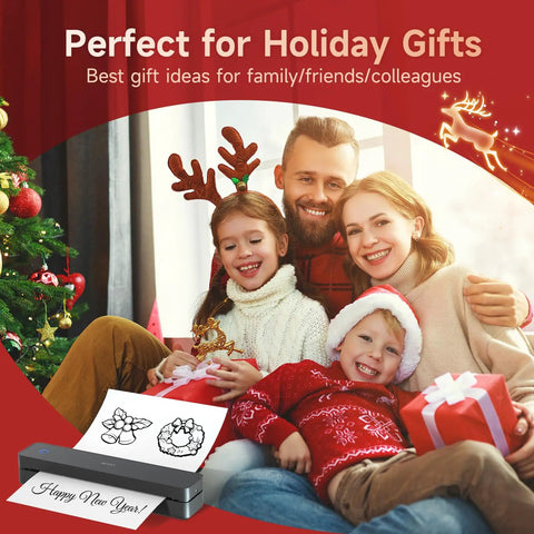 Family celebrating together with gifts and a Grab And Go Portable Thermal Printer With 300Dpi Resolution for holiday memories.