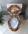 Elongated Resin Toilet Seat for Bathroom featuring floral design on a red background, top view, fits standard elongated toilets.