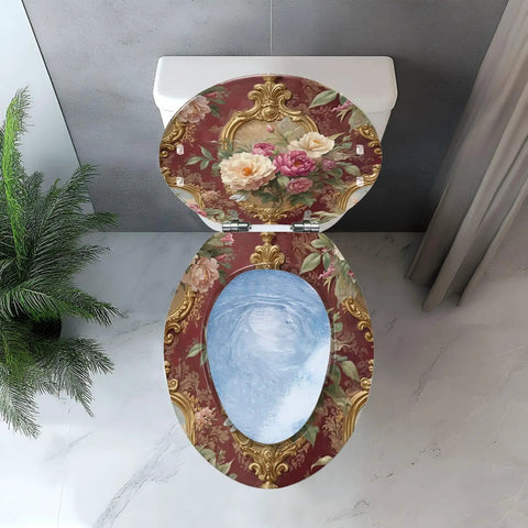 Elongated Resin Toilet Seat for Bathroom featuring floral design on a red background, top view, fits standard elongated toilets.