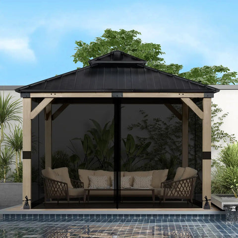 Gazebo Mosquito Netting Replacement Kit With 4 Panel Mesh Walls And Double Zippers Installed on Patio, Khaki, Tear and UV Resistant