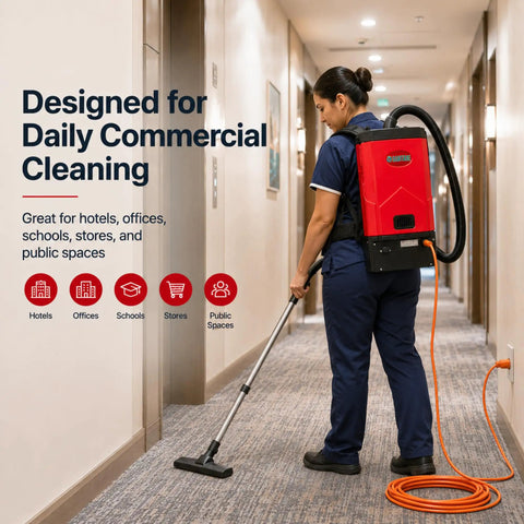 Heavy Duty Commercial Backpack Vacuum Cleaner Features High 106 CFM Suction Power And Extra Large 1 Point 6 Gallon Dust Capacity For Janitorial Teams Offices Schools Hotels Warehouses Gyms Airports Cleaning Floors Corners Edges And Above Floor Areas With