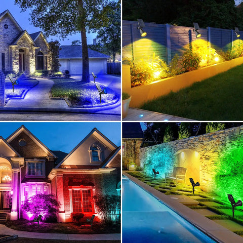 Blue Solar Spotlight Kit Outdoor Waterproof Garden Lights With Auto On Off And 180 Degree Adjustable Spotlight And Panel, Perfect For Trees, Patio, Yard, Pathways, Driveway, Stairs, Pool Area, 4 Pack lighting up house and garden