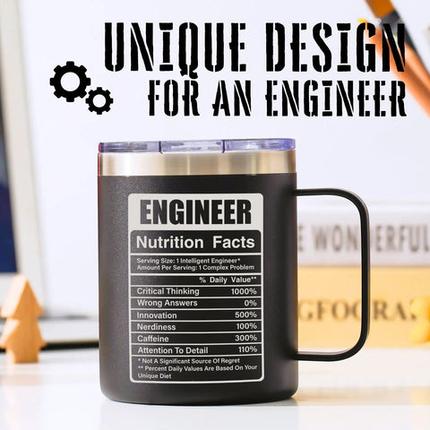Engineer Gifts For Men Funny Engineering Coffee Mug in black with humorous nutrition facts, perfect for mentor or colleague.