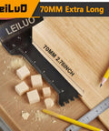 Rip Through Heavy Duty Deep Reach Oscillating Tool Blades For Woodwork showing a 70mm blade on wood with measuring scale and wood pieces.