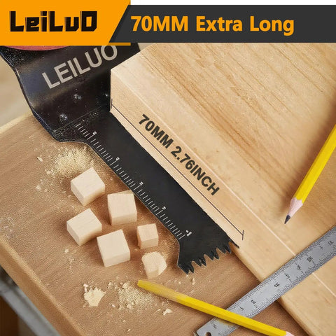 Rip Through Heavy Duty Deep Reach Oscillating Tool Blades For Woodwork showing a 70mm blade on wood with measuring scale and wood pieces.