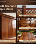 Multi-scenario applications of Straight Up Tough Outdoor Wood Stain And Sealer Duo for Deck Fence and Patio, showcasing wood finishes.