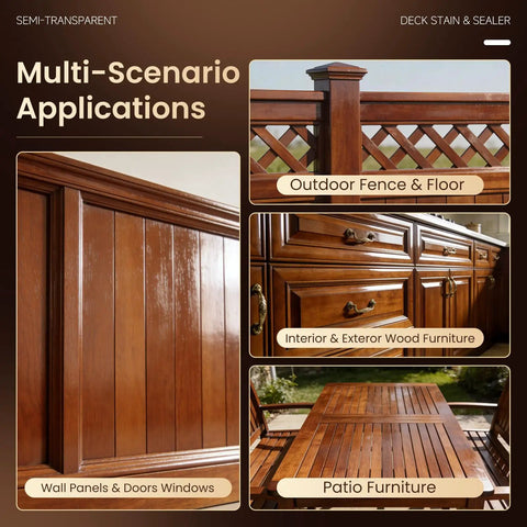 Multi-scenario applications of Straight Up Tough Outdoor Wood Stain And Sealer Duo for Deck Fence and Patio, showcasing wood finishes.