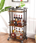 Slick Industrial 3 Tier Bar Cart With Smooth Rolling Wheels Antiqued Wood And Steel Liquor Cabinet. Drinks displayed on shelves.