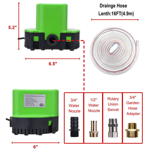 Image showing Automatic Pool Cover Pump Submersible 1200 GPH With Four Adapters and Sixteen Foot Drain Hose Auto On Off for pool maintenance.