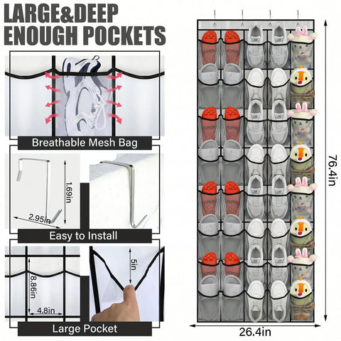 Smart Heavy Duty Over The Door Shoe Organizer Featuring Forty Roomy Mesh Pockets To Keep Sneakers Fresh While Clearing Closet And Entryway Clutter In Gray