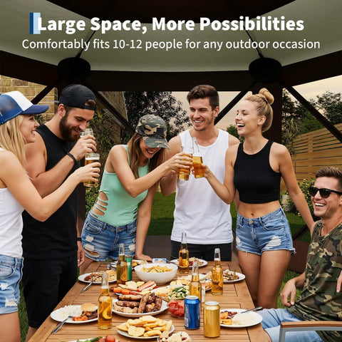 Group enjoying outdoor party under hexagonal six-sided pop up gazebo tent with easy one push setup mesh panels and removable wind cloths.