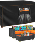 Heavy Duty Outdoor Patio Furniture Cover For Rectangular Sets Waterproof Weatherproof UV Guard Shield For Sectional Sofas Dining Tables And Chairs Built To Last 90 By 65 By 28 Inches Black covering a black and orange wicker sectional sofa.