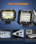 Close-up of 4 Inch 60W LED Pod Light Bar With Triple Row Flood And Spot Combo 6000LM highlights and reflector details.