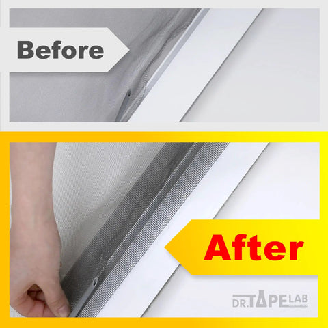 Before and after using Black Window Screen Repair Tape 4 Inch By 15 Foot No Fuss Quick Patch Kit For Holes And Tears In Windows Or Doors