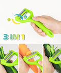 Upgraded Herb Scissors Set With Leaf Stripper And Five Blade Stainless Steel Kitchen Shears For Easy Chopping Of Herbs And Veggies, Peelers Included, A Great Gift For Parsley, Rosemary, Chive, Salad Greens And More, green 3-in-1 peeler in hand