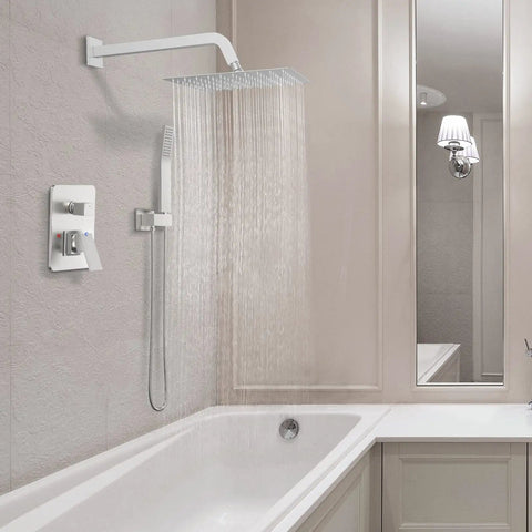 Modern bathroom with Brushed Nickel Shower System With 10 Inch Shower Head And Handheld, Includes Rough-In Valve And Trim Kit installed.