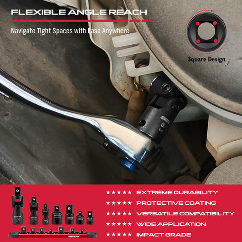 Heavy Duty Universal Joint Socket Reducer Set with wrench connected to bolt, tool kit below, for auto garage and DIY use.
