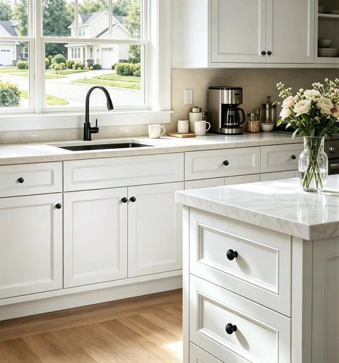 Matte Black Round Euro Style Cabinet Knobs One And One Quarter Inch 30 Pack on white kitchen drawers and island