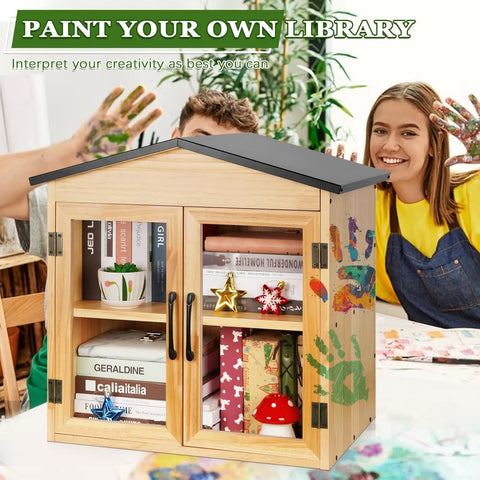 Outdoor Library Book Box Storage Small Wooden Cabinet For Neighborhoods And Schools To Swap And Share Books Flyers Newspapers And Art DIY Friendly Weatherproof Finish Paintable Wood Post Not Included with painted handprints and books inside.