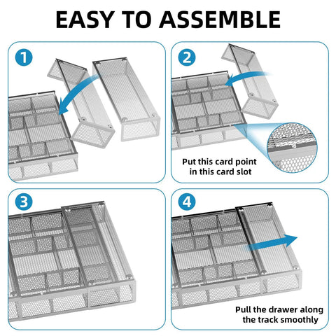 Assembly steps for Expandable Desk Drawer Organizer Mesh Tray With 10 Adjustable Compartments, demonstrating easy setup.