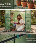 Woman in Outdoor Walk In Greenhouse 55 By 28 By 78 Inches With Three Tier Shelves Tool Free Setup Heavy Duty Durable PE Cover