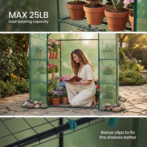 Woman in Outdoor Walk In Greenhouse 55 By 28 By 78 Inches With Three Tier Shelves Tool Free Setup Heavy Duty Durable PE Cover