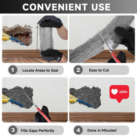 Four-step use of Extra Fine Steel Wool Mice Control 65Ft 0000 Barrier Filler for sealing wall gaps.