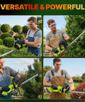 Cordless 20 Inch Brushless Hedge Trimmer With 2x3.0Ah Battery in use trimming various bushes in a garden setting.