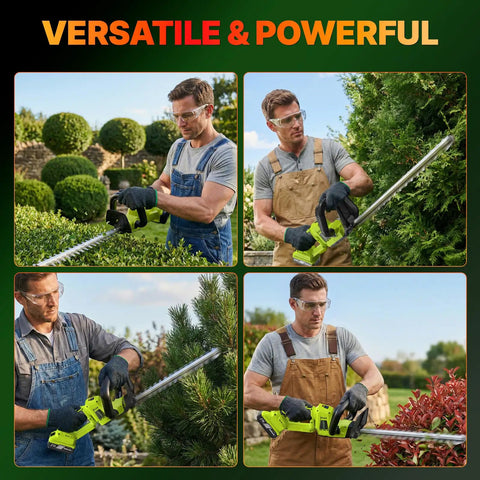 Cordless 20 Inch Brushless Hedge Trimmer With 2x3.0Ah Battery in use trimming various bushes in a garden setting.