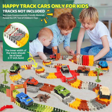Glow In The Dark Track Cars 5 Pack With Three Flashing LED Lights Car Track Accessories with kids playing on colorful track